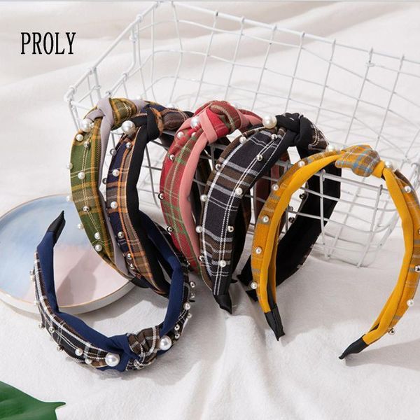 

fashion women hairband wide side pearls headband classic plaid headwear turban casual hair accessories wholesale1