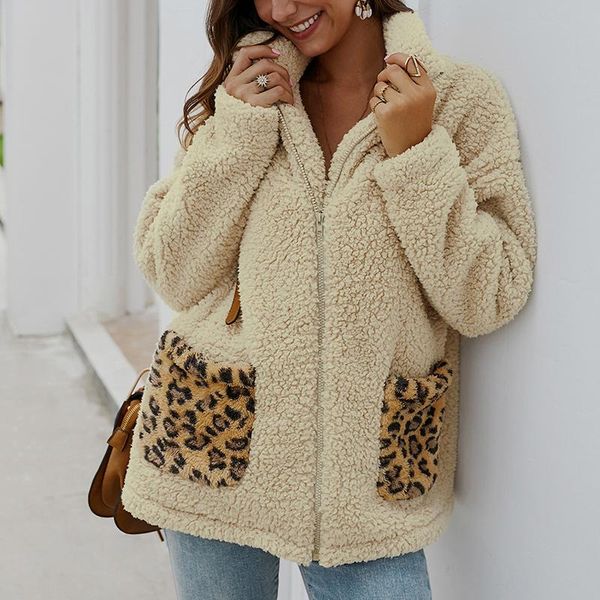 

women's jackets leopard patchwork casual zip-up teddy coat women faux fur warm 2021 autumn winter jacket plus size overcoat outwear, Black;brown