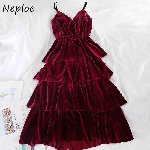 Neploe vintage cintura alta pleuche camis vestido outono elegante sexy v-pescoço cascading ruffles vestidos cor sólida mulheres vestidos 210423