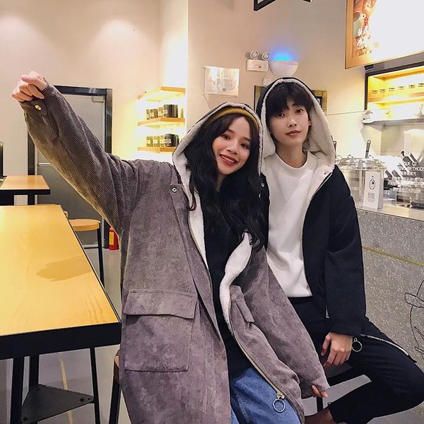 

men's wool & blends 2021 winter korean version of japanese fashion students loose hooded corduroy plus velvet couple street casual wind, Black