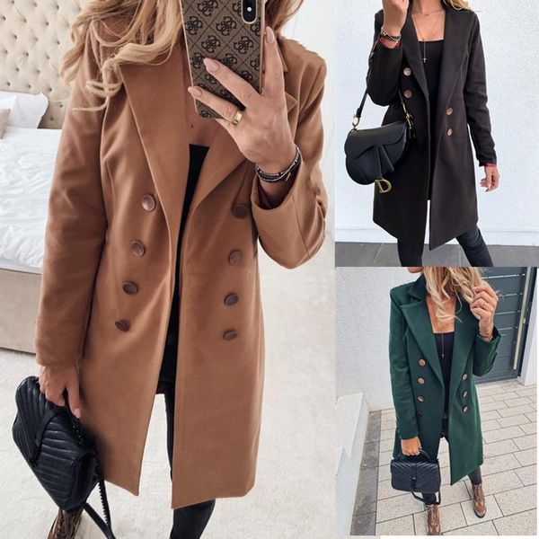 

women's wool & blends autumn and winter solid color long-sleeved double-breasted mid-length woolen coat, Black