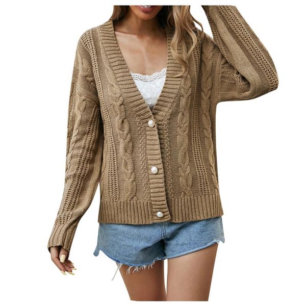

women's knits & tees v neck button down long sleeve cardigan casual soft pockets streetwear elegant woman cable knit sweaters, White