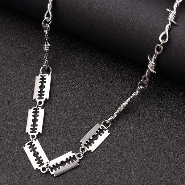 

pendant necklaces punk personality thorns chain necklace cool razor blade color for women men hip hop nightclub jewelry, Silver