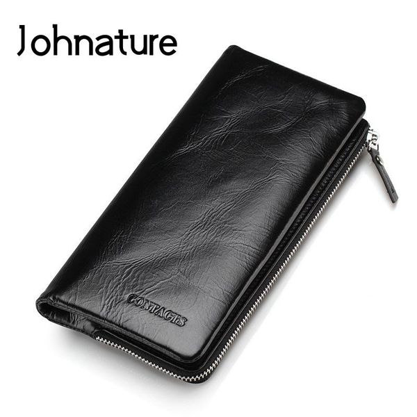 

wallets johnature 2021 genuine leather casual hasp solid day clutches long standard men multi-card position coin purse, Red;black