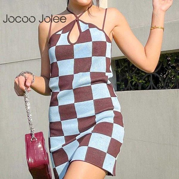 

jocoo jolee women summer hollow lace up plaid knit mini dress sleeveless vintage elegant halter backless party club 210619, Black;gray