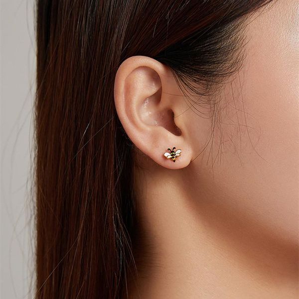 

stud lo paulina 2021 cute cat enamel bee earrings sterling silver s925 for fashion lady christmas birthday gifts fine jewelry, Golden;silver