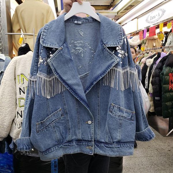 

women's jackets [ewq] 2021 spring long sleeve beaded metal trend coat feminino korea loose women tassel denim jacket outerwear coats qz, Black;brown