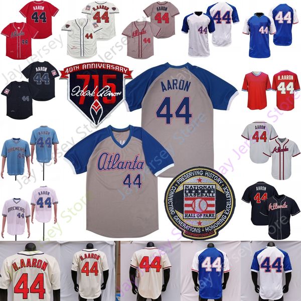 Hank Aaron Jersey Retro Baseball 1963 1974 Hall Of Fame 715 Patch Zipper Pullover Button Home Away Bianco Rosso Crema Blu