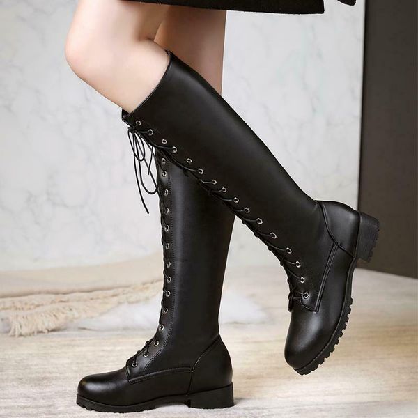 

boots oversize womens military lace up low block heel mid calf riding shoes, Black