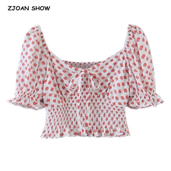 

elastic ruched back heart print tank women summer short puff sleeve square collar crop high waist tees 210429, White
