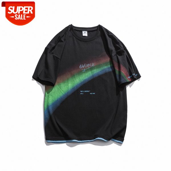

summer youth net red t-shirt male rainbow printing casual loose round neck short sleeve men #a98o, White;black