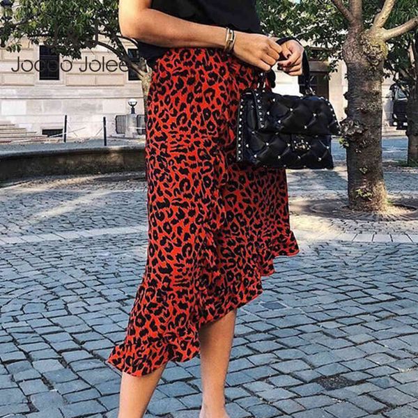 Jocoo Jolee Donna Moda Leopard Print Ruffled Midi Gonne Casual Vita alta Pieghettato Una linea Gonne Vintage Red Long Gonne 210518