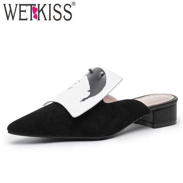 

wetkiss thick med heels slippers women pointed toe footwear kid suede slides shoes female print buckle mules shoes woman summer 210630, Black
