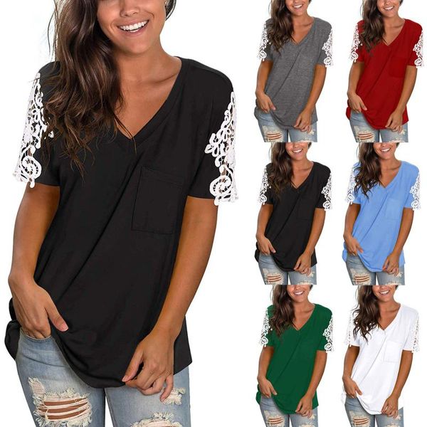 

summer v-neck print lace t-shirt women casual loose ladies short sleeve basic tees camiseta de mujer female clothing women's, White