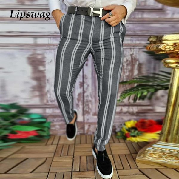 

men's pants vintage striped printed slim fit pencil mens autumn winter business casual mid waist trousers men fashion all-match, Black