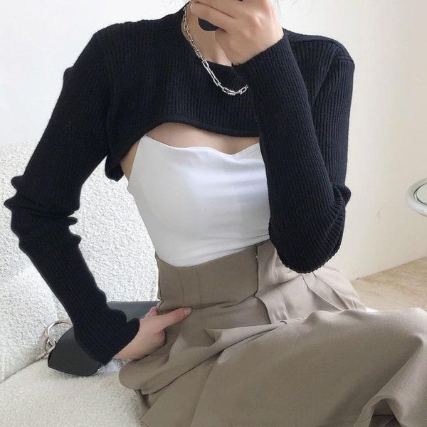 

[suviyer] spring autumn pullover knitted short sweater women fashion long sleeve white black clothing thin women's sweaters