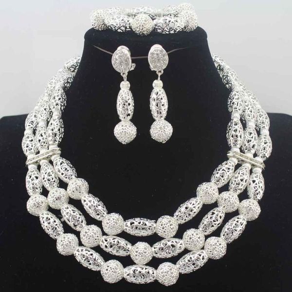

earrings & necklace fashion african wedding jewelry set handmade 3 layers silver crystal beads bridal sets hd8578