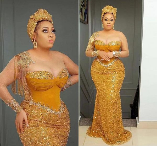 Glitter lantejoulas grânulos manga comprida vestidos de baile 2022 luxo Africano Africano ASO EBI Sereia De Gold Sheer Crew Neck Dress Plus Size