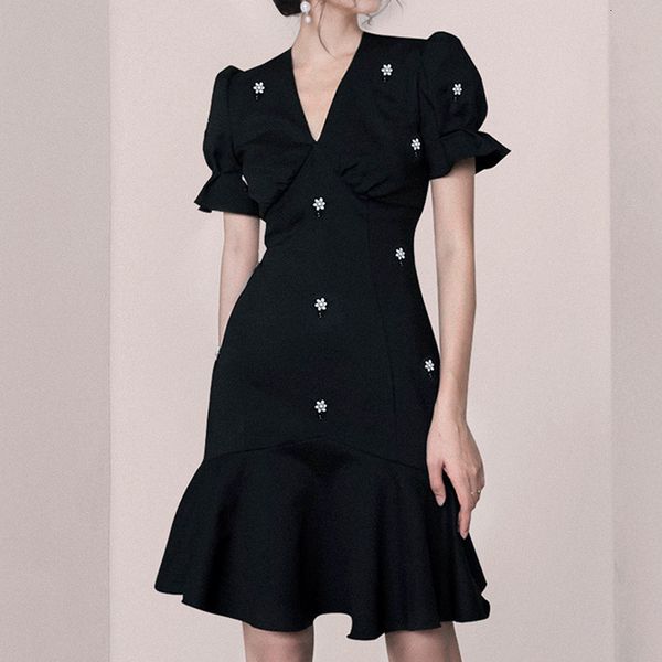 

casual dresses women summer fashion slim solid mermaid dress female v-neck puff short sleeve retro elegant vestidos wns2, Black;gray