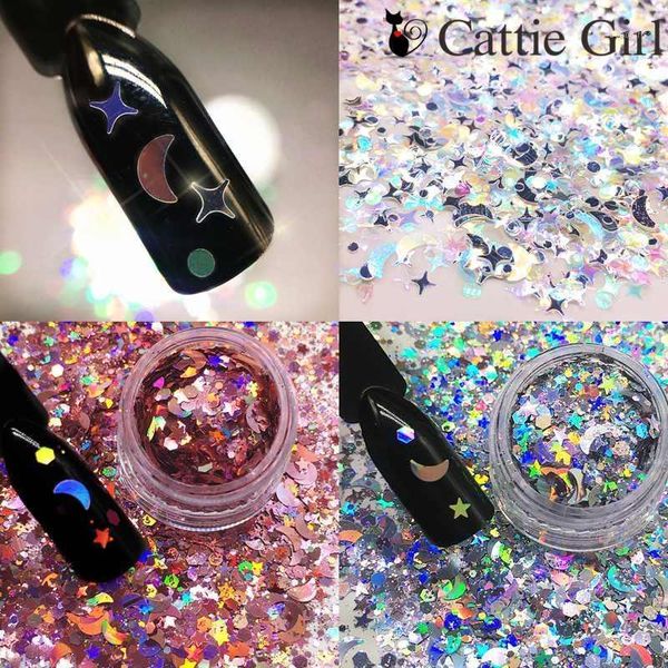 

1box rose gold star ultrathin 3d nail decorations holographic charms paillette laser accessories moon manicure design1, Silver;gold