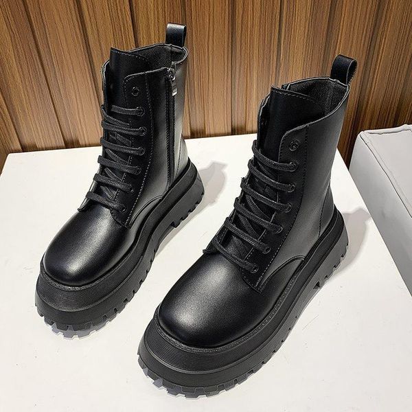 

boots motorcycle handsome 2021 autumn wild female england thick high heels women's zip cross-tied, Black