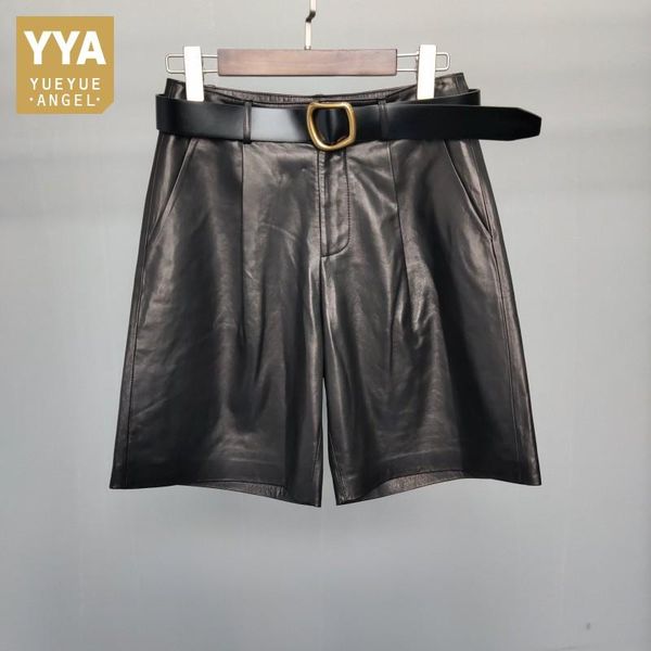 

women's shorts korean style summer womens genuine leather high waist wide leg concise pockets female fashion loose casual, White;black