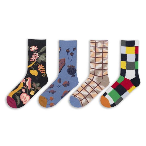 

men's socks corrugated plaid children cartoon net red art retro casual middle tube women jacquard, Black