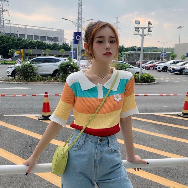

korean version of loose collar short sleeve t-shirt women's summer student striped lazy wind jacket ins tide, White