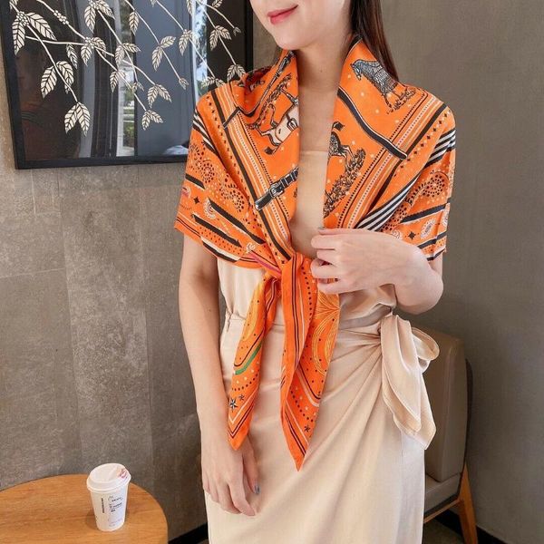 

scarves 100% twill silk scarf women fashion ten horse print shawl hijab sand wash kerchief head neck hair headscarf bandana 105*105cm, Blue;gray