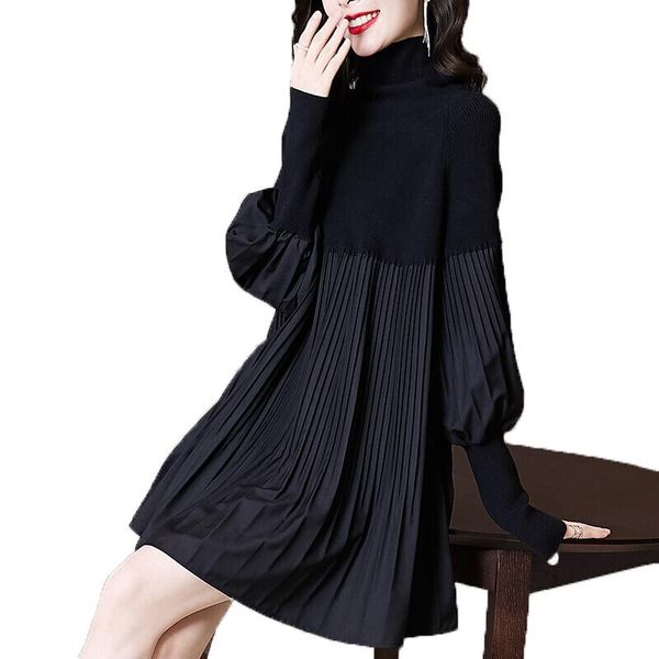 

fashion ladies dress black neck knitted autumn winter plus size lantern sleeve casual women's dresses, Black;gray