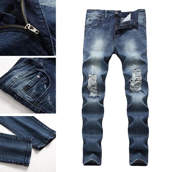 

men's jeans slim feet korean elastic trend simple and wild washed stovepipe casual, Blue