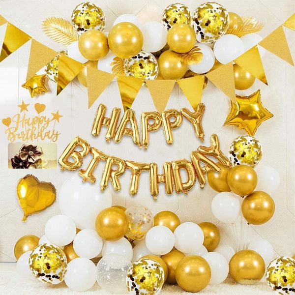

gold birthday party decoration happy birthday banner balloon gold triangle logo bunting heart star confetti balloon cake hat