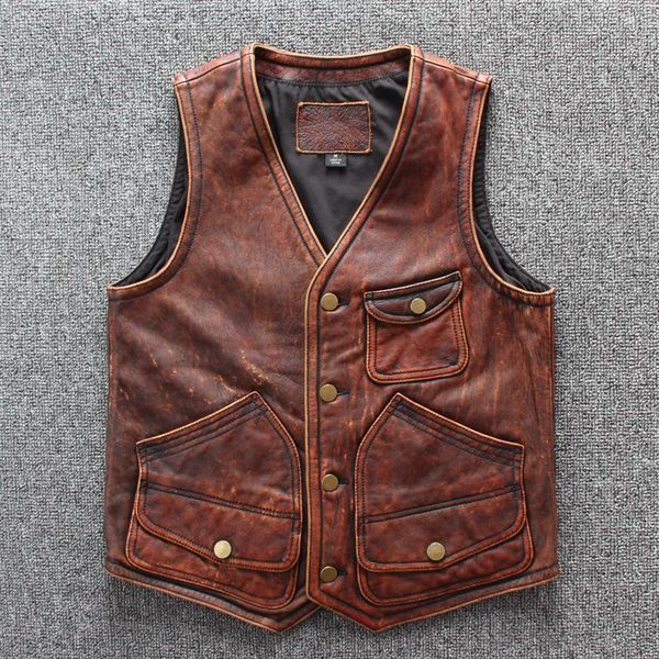 

men's vests 2022 spring genuine leather multi-pocket vest vintage distressed slim-fit cowhide frock, Black;white