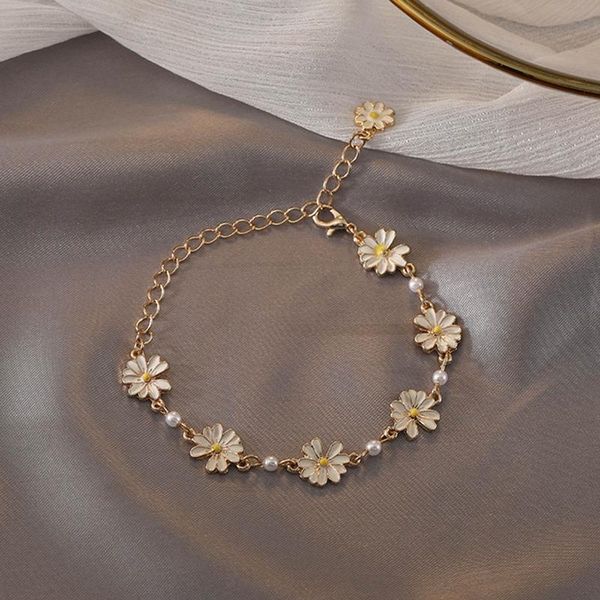 

link, chain fashion sweet white flowers personality pearl metal minimalist chrysanthemum bracelet necklace for women jewelry accessories, Black