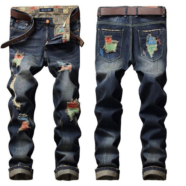 

men's jeans retro denim stitching beggars design old patch self-cultivation straight long pants personality large size, Blue