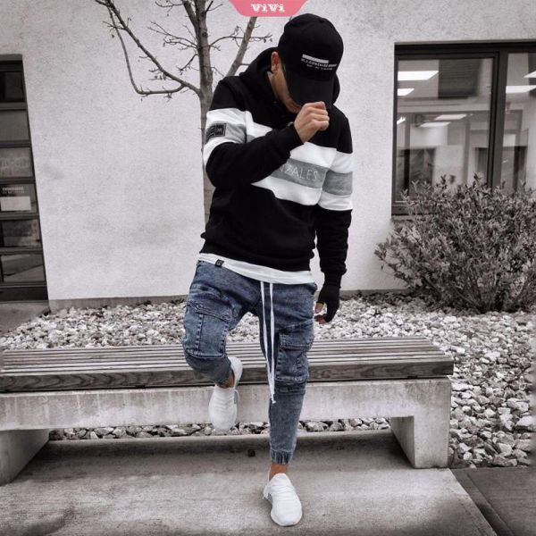 

men's jeans pocket slim fit elastic waist tethered pants gray motorcycle pencil street hip-hop shawl men, Blue