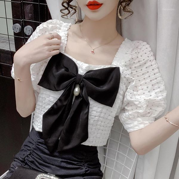 

women's blouses & shirts solid bow square collar shirt 2021 hollow chiffon puff sleeve loose female ladies blouse blusas 913a, White
