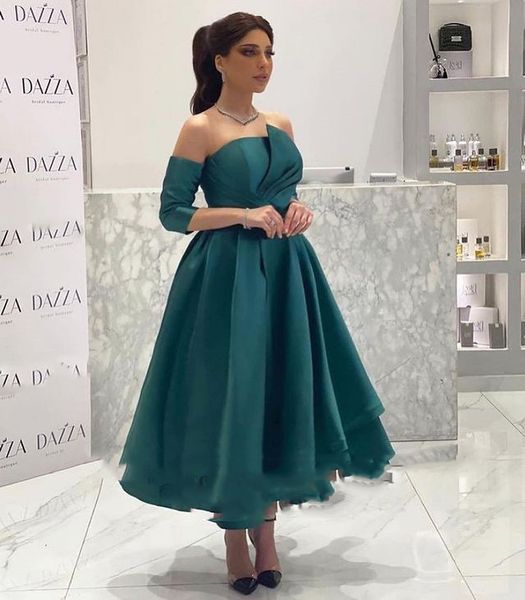 

verngo simple dark green satin a line evening party dresses separate sleeves pleats tea length saudi arabic formal prom gowns, Black;red