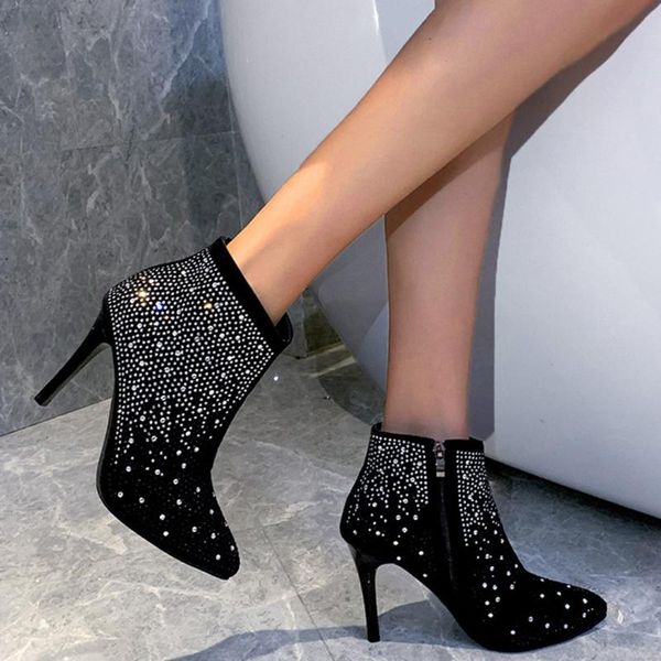 

boots sequins ankle women short boot autumn pointed side zip female stylish stiletto heel bling shoes party prom botas, Black