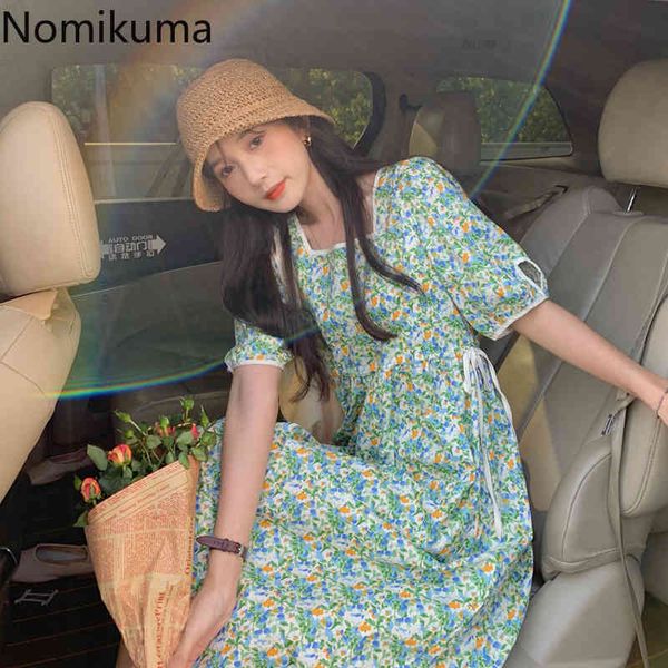 

nomikuma temperament sweet dress women summer square collar puff sleeve dresses floral printed fashion vestidos mujer 210514, Black;gray