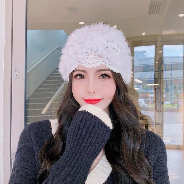 

beanies autumn winter hand crocheted hair flower knitted women's hat warm baotou girl fashion casual flowers white