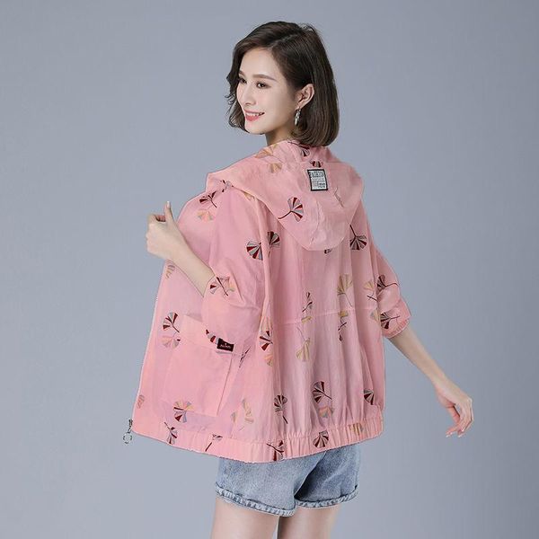 

women's jackets 2021 summer thin women sun protection shorts loose print hooded casual female coats, Black;brown
