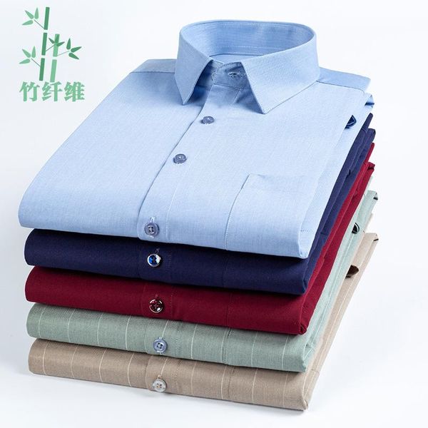 

men's dress shirts bamboo fiber viscose shirt men slim regular fit striped plaid formal work for bussiness white red blue xxl 3xl male, White;black
