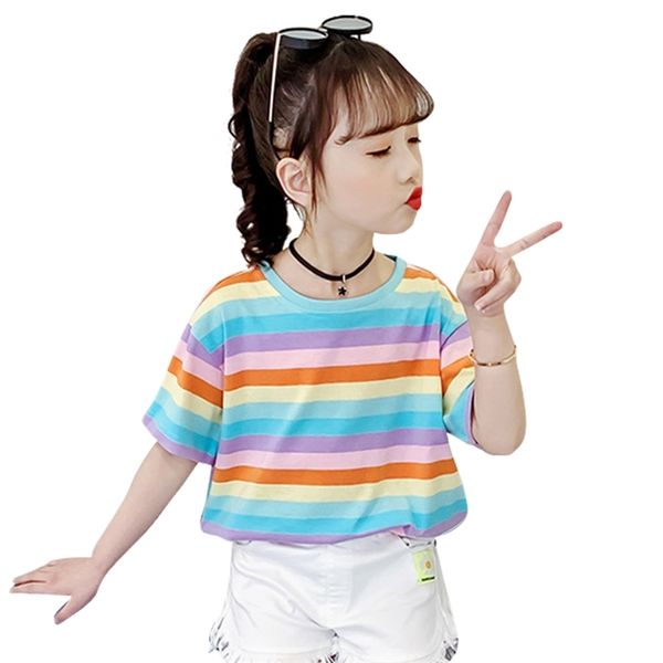 Kinder T-Shirts Rainbow Stirped Girl Casual Style Kind T-Shirt Sommer Kinderkleidung Mädchen 6 8 10 12 14 210528