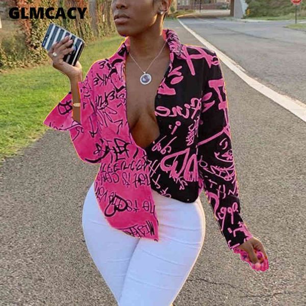 

women plus size letter printed gradient color turn down collar long sleeve blouse spring fall fashion new trends shirt, White