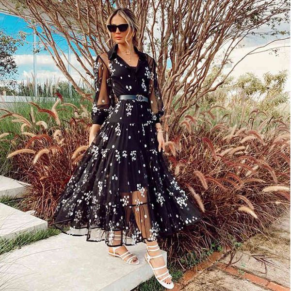 Цветочные печати Черная рубашка длинное платье осень зима тюль прозрачное платье элегантные офисные дамы Maxi платье с длинным рукавом 210415