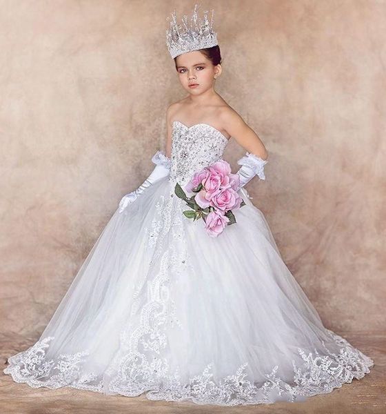 

princess wedding party flower girls' dresses sweetheart beaded applique lace up back pageant dress with bows sweep tulle communion grad, White;blue