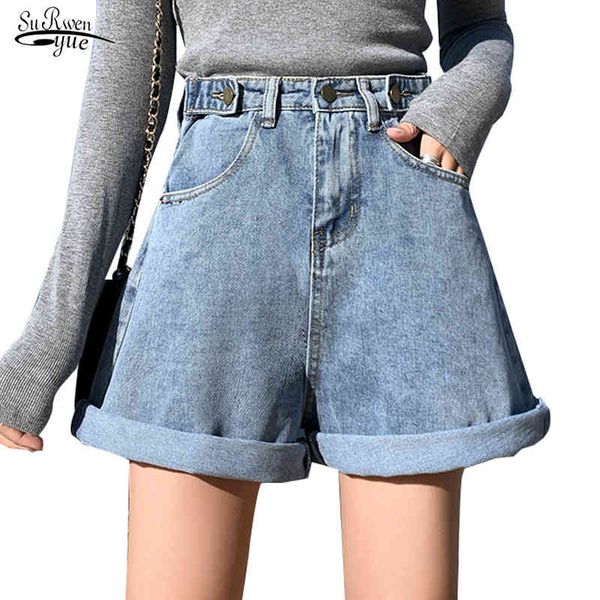 

summer women's denim shorts casual high waist ladies jeans for women vintage wide leg pants spodenki damskie 9519 210508, White;black