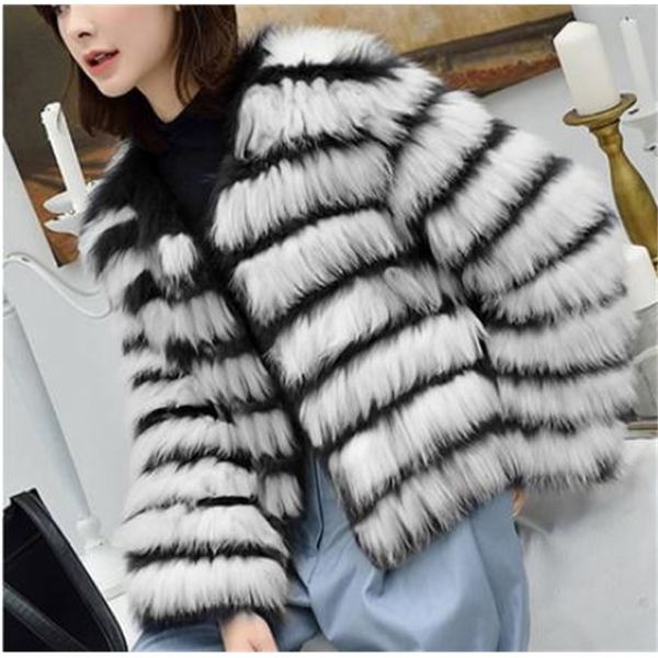 

women's wool & blends s/9xl womens winter autumn mixed color striped fake fur jackets short section female large size man-made out, Black
