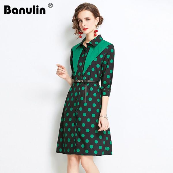 

casual dresses banulin women summer european runway designer turn down collar slim green dot print belt work wear shirt dress, Black;gray